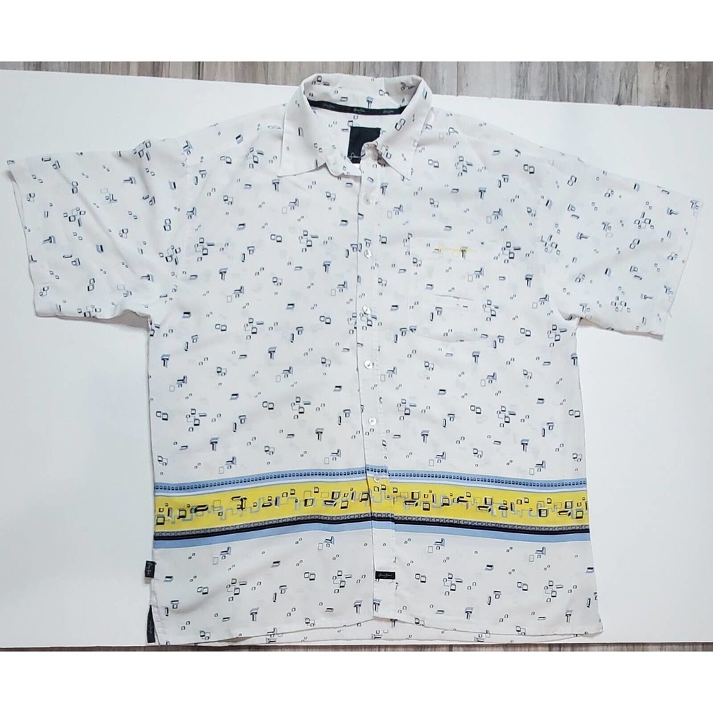 Sean John Men's Button-Down White, Blue, Yellow Short Sleeve Shirt - XXL